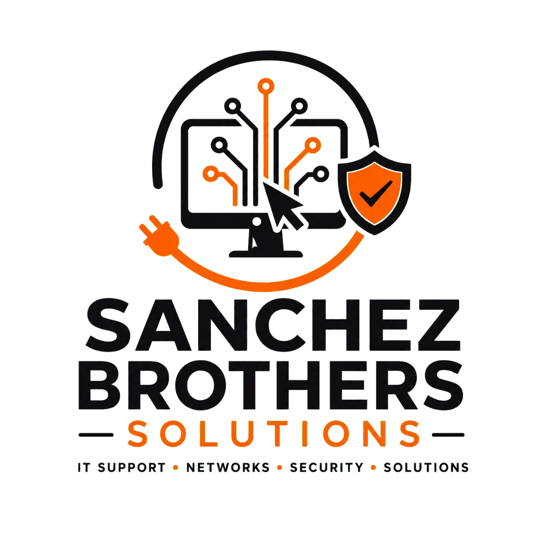 Sanchez Brothers Solutions logo featuring a computer, circuit connections, and an orange security shield